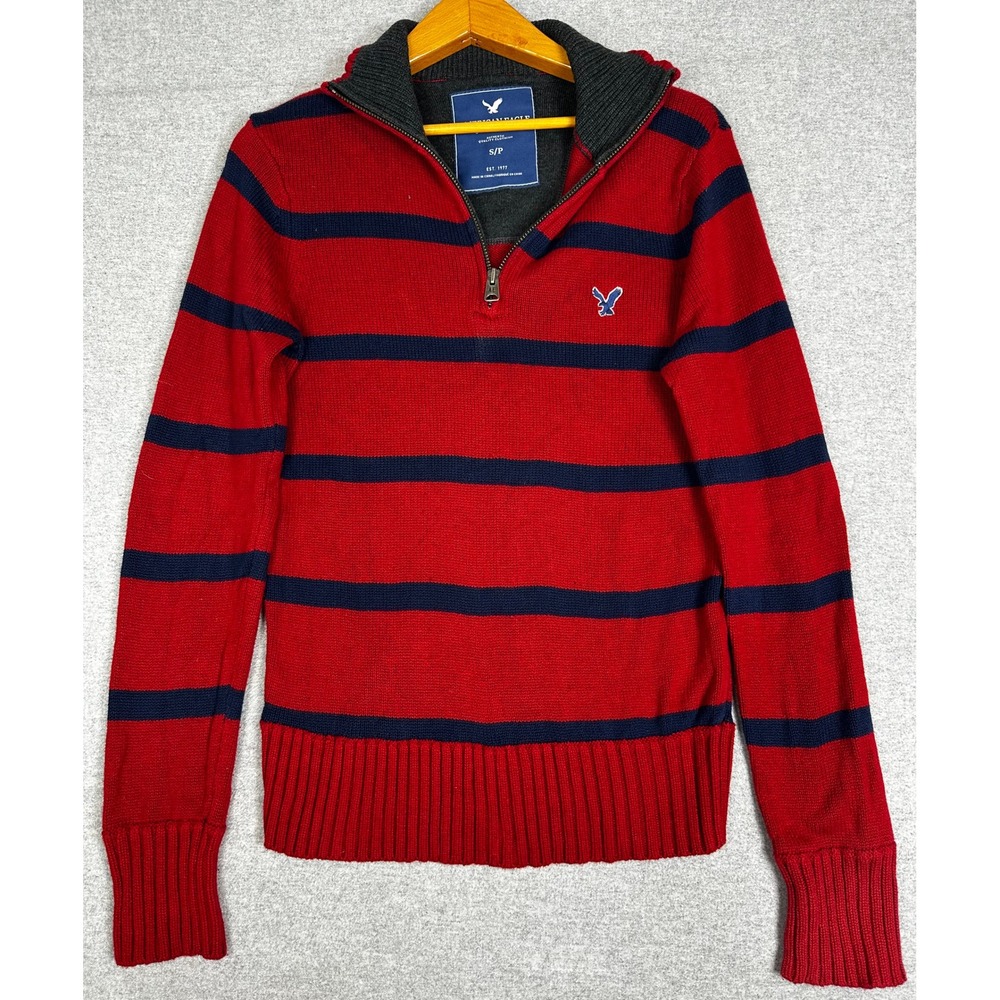 American Eagle Quarter Zip Sweater Mens S Red Striped 2010s Cotton Knit Preppy